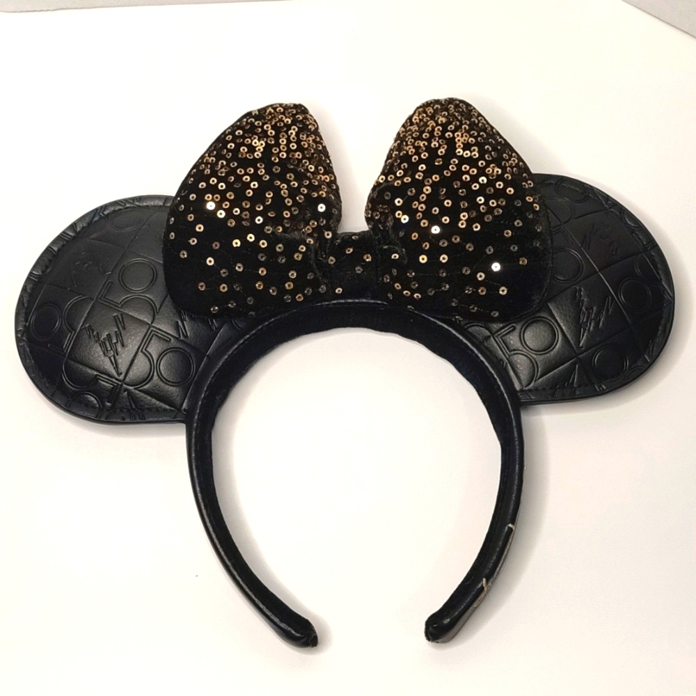Disney World 50th Anniversary Luxe Minnie Ears Headband Black Gold